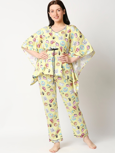 

Pyjama Party Women Yellow Graphic Printed Pure Cotton Night suits
