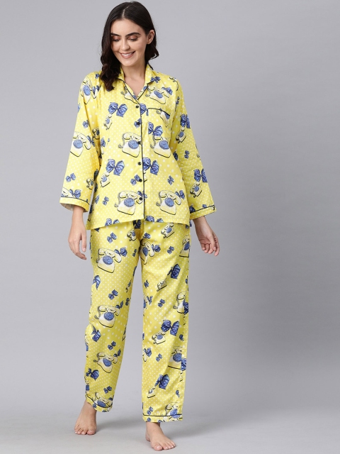 

Pyjama Party Women Yellow & Blue Printed Pure Cotton Night suit