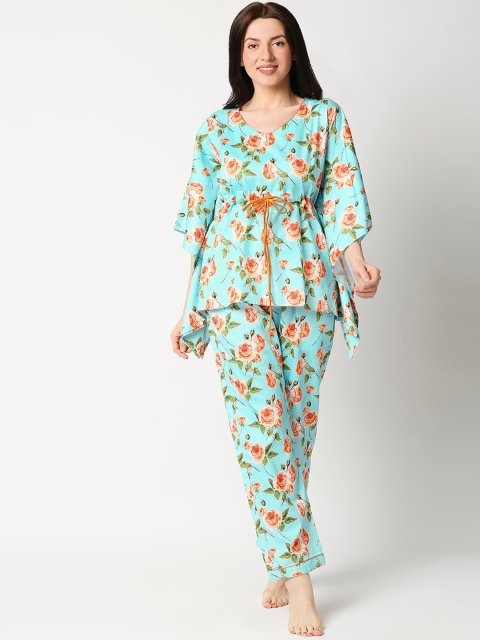 

Pyjama Party Women Green & Orange Printed Kaftan Night suit