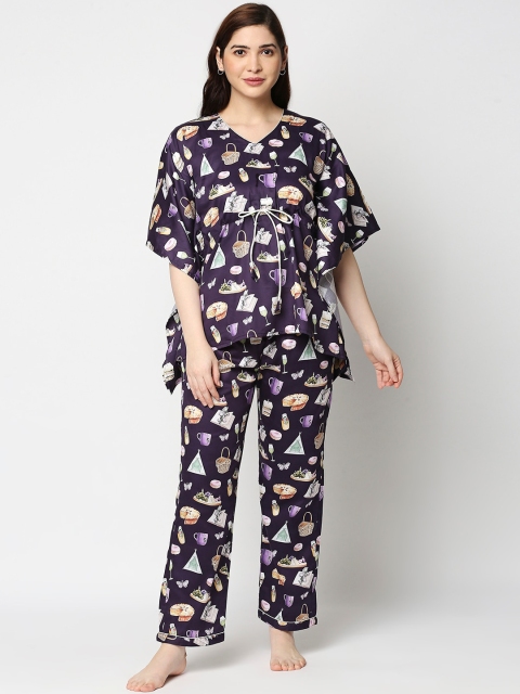 

Pyjama Party Women Purple Printed Pure Cotton Kaftan Night suit