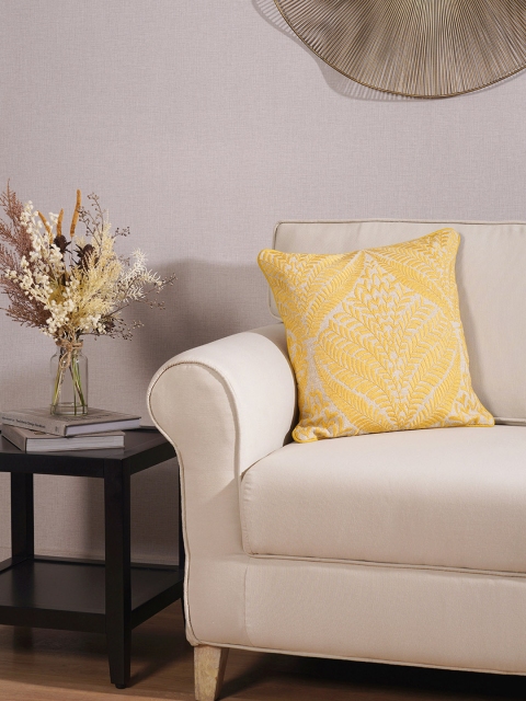 

Pure Home and Living Yellow & White Embroidered Square Cotton Cushion Cover