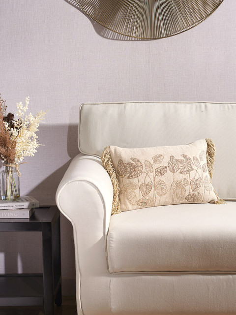 

Pure Home and Living Beige & Gold-Toned Floral Cotton Rectangle Cushion Cover
