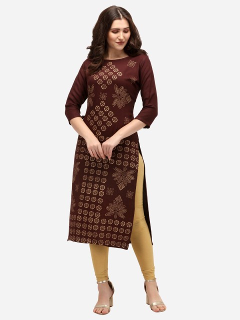 

Sitaram Designer Women Brown & Gold-Toned Floral Printed Kurta