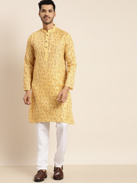 

Anug by SOJANYA Men Yellow & Black Cotton Linen Abstract Printed Kurta