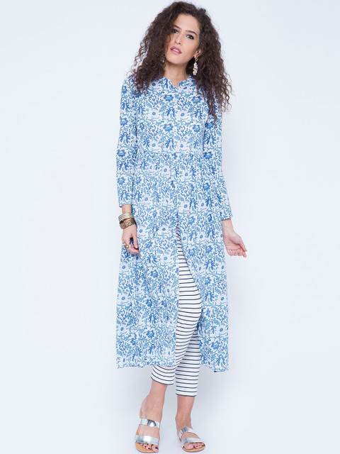 

Vishudh Women Blue & White Floral Print A-Line Kurta
