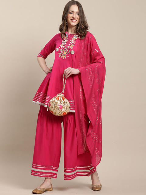 

Rajnandini Women Magenta Ethnic Motifs Yoke Design Panelled Gotta Patti Pure Cotton Kurti with Palazzos &