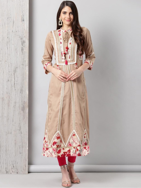 

Lakshita Women Beige Geometric Striped Cold-Shoulder Sleeves Anarkali Kurta