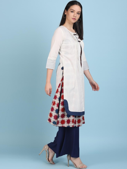 

Lakshita Women Blue Geometric Checked Keyhole Neck Flared Sleeves Thread Work Anarkali Kurta