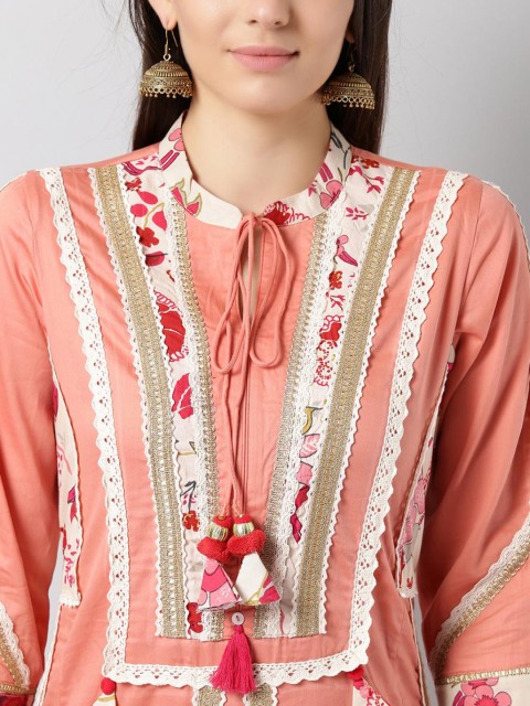 

Lakshita Women Peach-Coloured Printed Mirror Work Anarkali Kurta