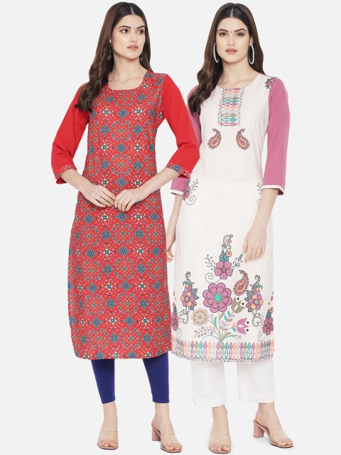 

Ethnic basket Women Pack of 2 Red & Off White Ethnic Motifs Printed Crepe Kurta