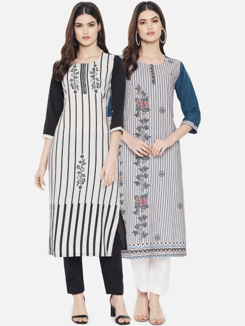 

Ethnic basket Women Set Of 2 White & Black Floral Printed Crepe Kurta