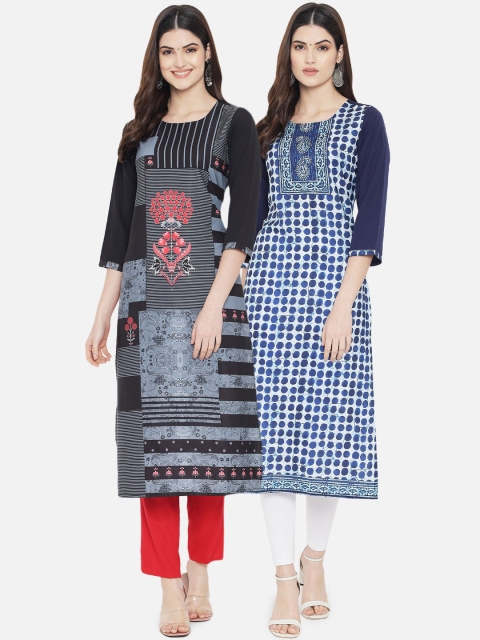 

Ethnic basket Women Black & Blue Pack Of 2 Geometric Printed Crepe Kurta
