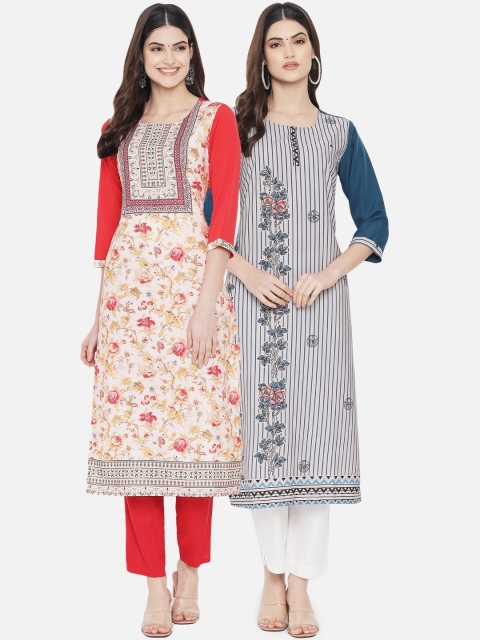 

Ethnic basket Women Pack of 2 Digital Printed Straight Kurtas, Cream