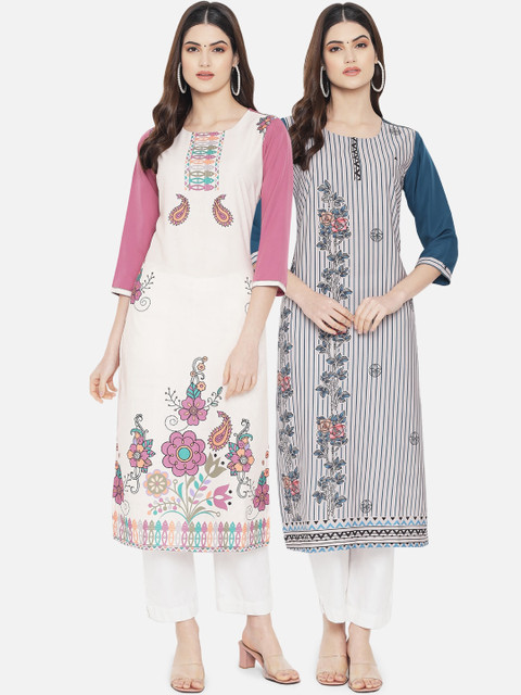 

Ethnic basket Women Pack of 2 White & Teal Blue Digital Printed Straight Kurtas