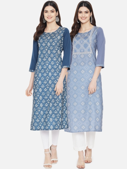 

Ethnic basket Pack of 2 Women Teal Blue & Blue Ethnic Motifs Printed Crepe Kurtas