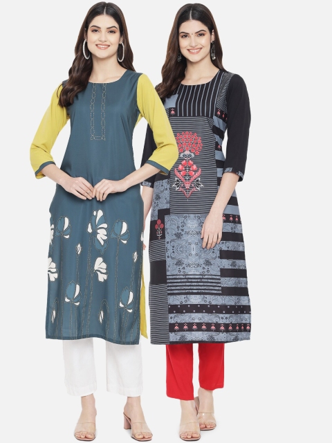 

Ethnic basket Women Pack Of 2 Black & Blue Floral Printed Crepe Kurta