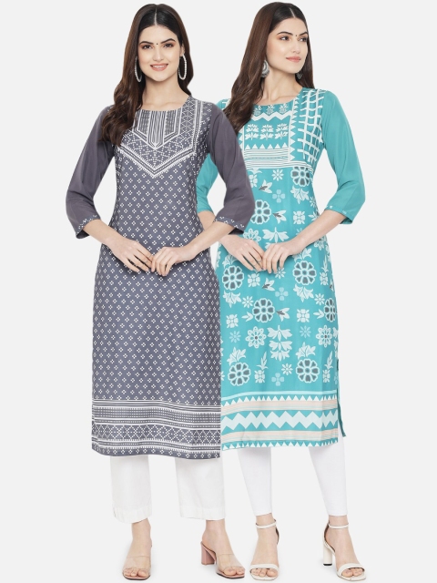 

Ethnic basket Pack of 2 Women Grey & Turquoise Blue Ethnic Motifs Printed Crepe Kurtas