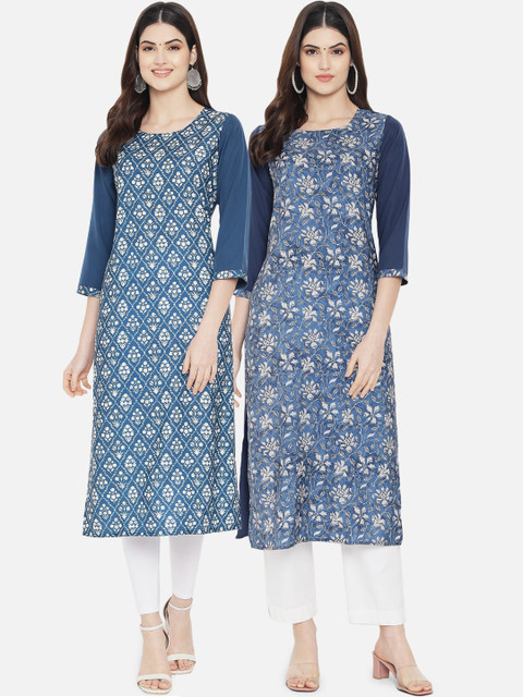 

Ethnic basket Women Pack of 2 Digital Printed Straight Kurtas, Blue