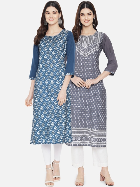 

Ethnic basket Women Pack of 2 Blue & Grey Geometric Printed Crepe Kurta