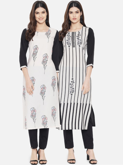 

Ethnic basket Women Black & White Floral Printed Crepe Kurta Set Of 2