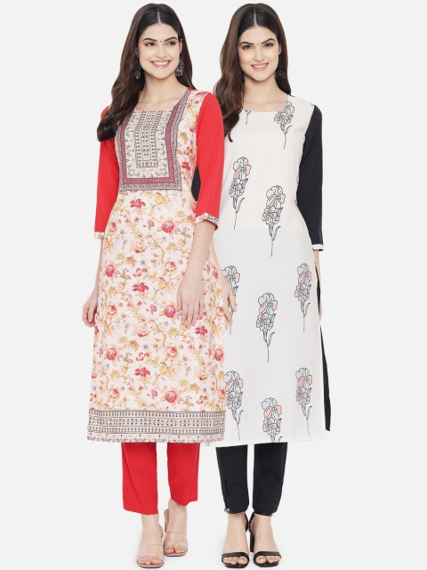 

Ethnic basket Women Black & Red Floral Printed Crepe Kurta Set Of 2