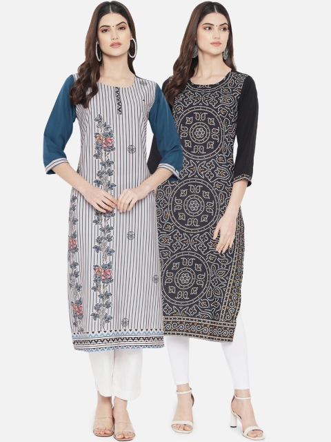 

Ethnic basket Women Pack Of 2 Black & Blue Ethnic Motifs Printed Crepe Kurta
