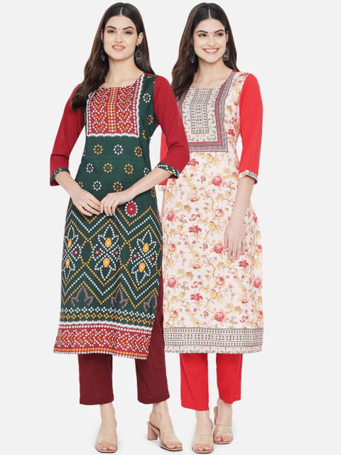 

Ethnic basket Women Pack Of 2 Multicoloured Ethnic Motifs Printed Crepe Kurta, Multi