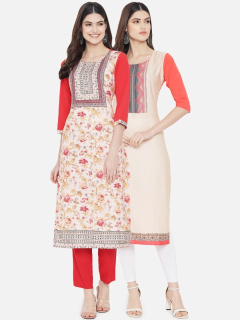 

Ethnic basket Women Pack of 2 Floral Printed Crepe Kurta, Red