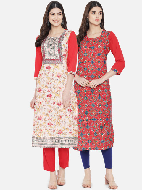 

Ethnic basket Women Pack of 2 Ethnic Motifs Printed Crepe Kurta, Red