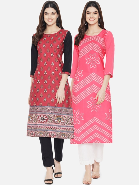 

Ethnic basket Women Pack Of 2 Red & Pink Ethnic Motifs Printed Crepe Kurtas