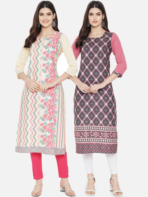 

Ethnic basket Women Set Of 2 Violet & Pink Floral Printed Crepe Kurta