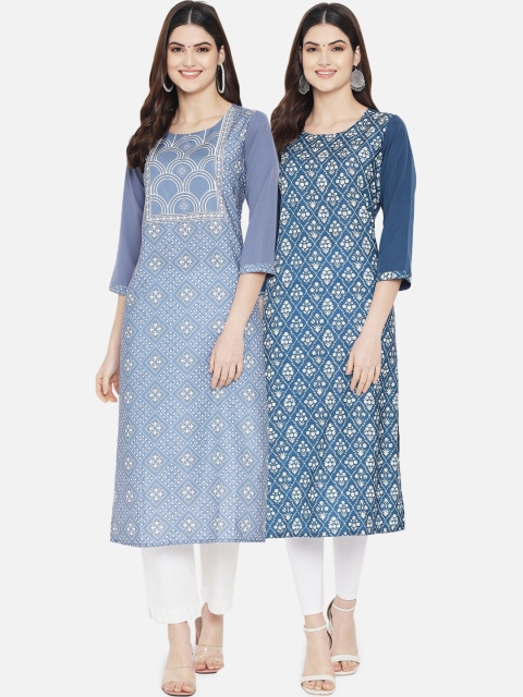

Ethnic basket Women Blue & White Geometric Printed Crepe Kurta Set Of 2