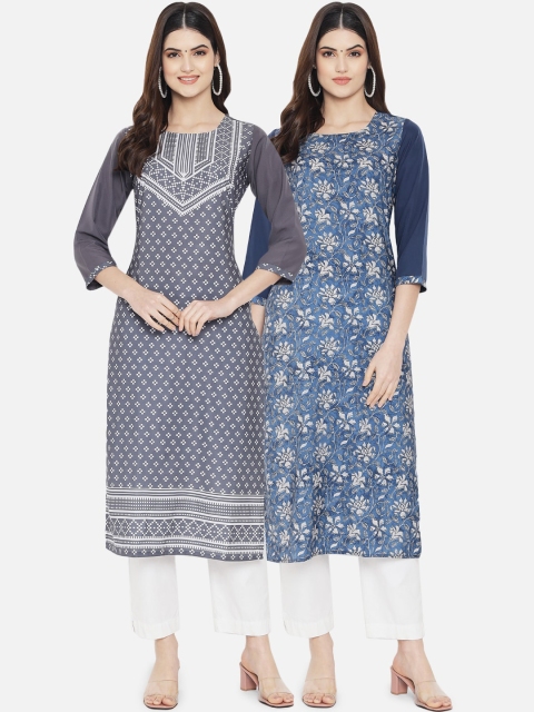 

Ethnic basket Women Pack Of 2 Grey & Blue Ethnic Motifs Printed Crepe Kurta