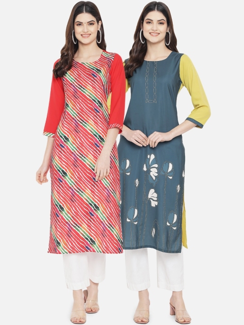 

Ethnic basket Women Pack of 2 Ethnic Motifs Printed Crepe Kurta, Red