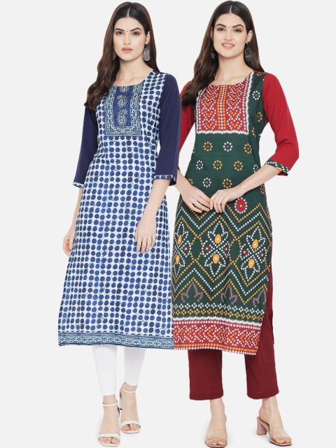 

Ethnic basket Women Blue & Green Geometric Printed Crepe Kurta Set Of 2
