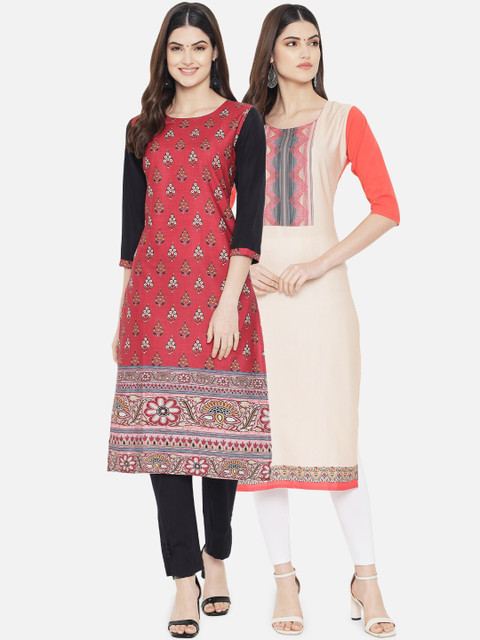 

Ethnic basket Women Pack of 2 Red & White Ethnic Motifs Printed Crepe Kurtas