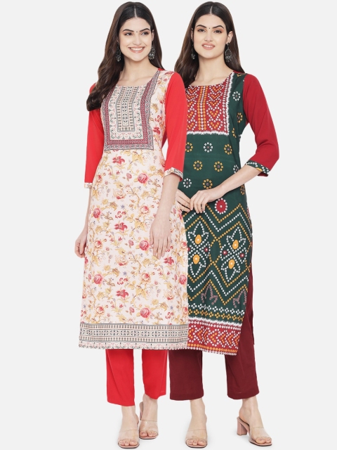 

Ethnic basket Women Pack Of 2 White & Green Floral Digital Printed Crepe Kurtas