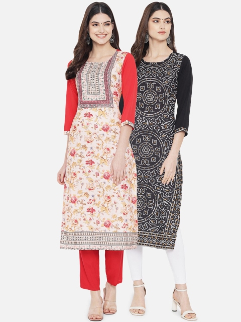 

Ethnic basket Women Pack of 2 White & Black Floral Printed Straight Crepe Kurta