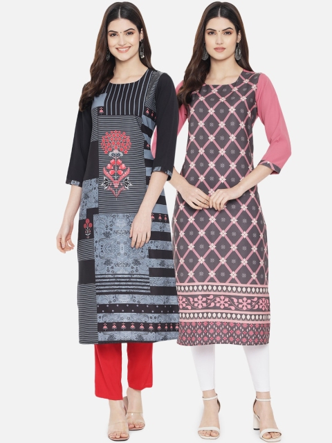 

Ethnic basket Pack of 2 Women Black & Grey Ethnic Motifs Printed Crepe Kurtas