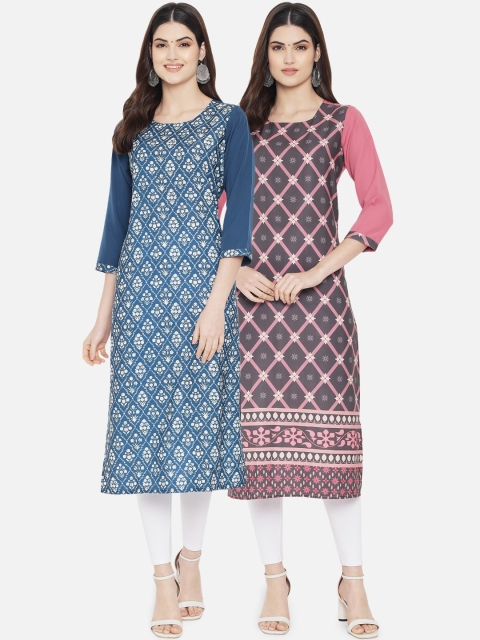 

Ethnic basket Women Pack of 2 Teal Blue & Pink Digital Printed Crepe Kurtas