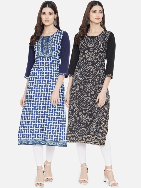 

Ethnic basket Women Blue & Black Ethnic Motifs Printed Crepe Kurta Set Of 2