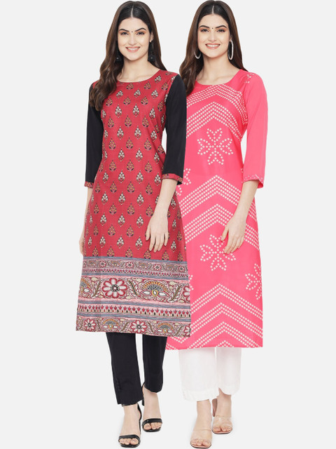 

Ethnic basket Women Pack of 2 Pink & Maroon Ethnic Motifs Printed Straight Crepe Kurta
