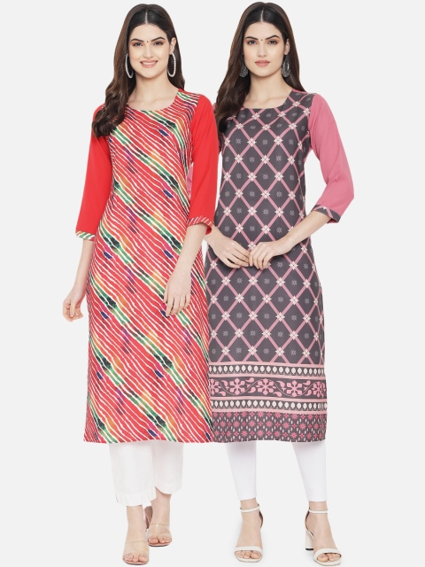 

Ethnic basket Women Pack Of 2 Red & Brown Ethnic Motifs Printed Crepe Kurta