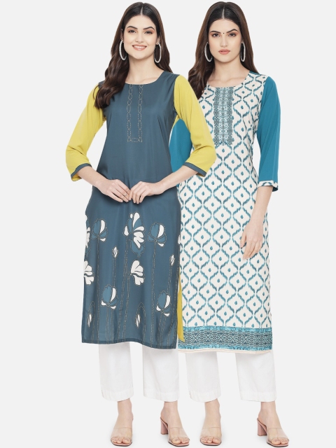 

Ethnic basket Women Pack of 2 Floral Embroidered Keyhole Neck Crepe Kurta, Blue
