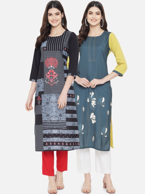 

Ethnic basket Women Pack of 2 Multicoloured Floral Printed Crepe Kurta, Multi