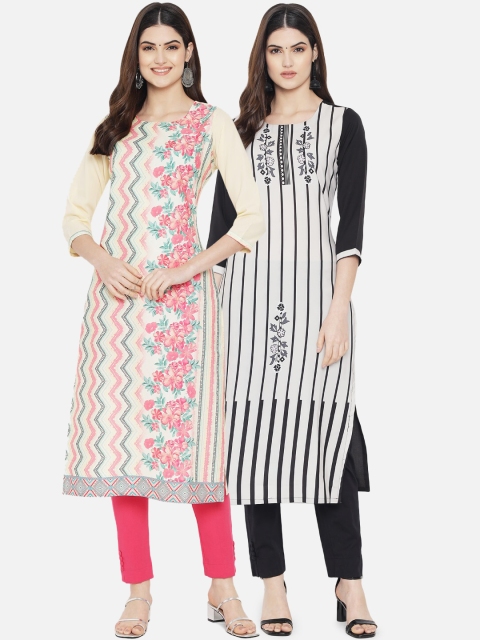 

Ethnic basket Women White & Black Pack Of 2 Floral Printed Crepe Kurta
