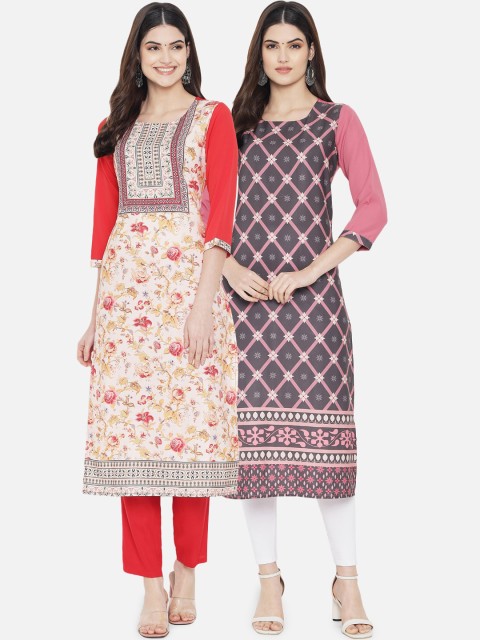 

Ethnic basket Women Pack Of 2 Multicoloured Digital Print Straight Kurta Crepe Kurtas, Multi