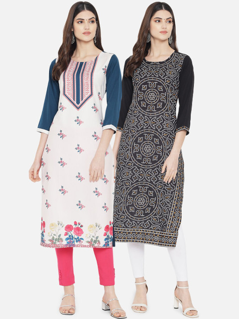 

Ethnic basket Women Pack of 2 Ethnic Motifs Printed Crepe Kurta, White