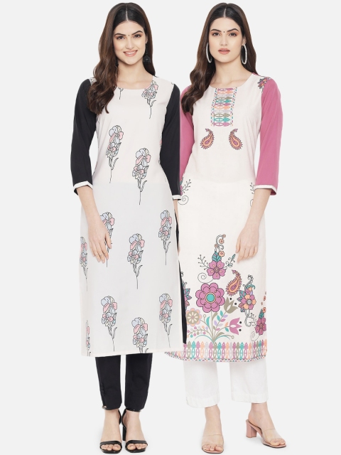 

Ethnic basket Women Set Of 2 Black & White Floral Printed Crepe Kurta