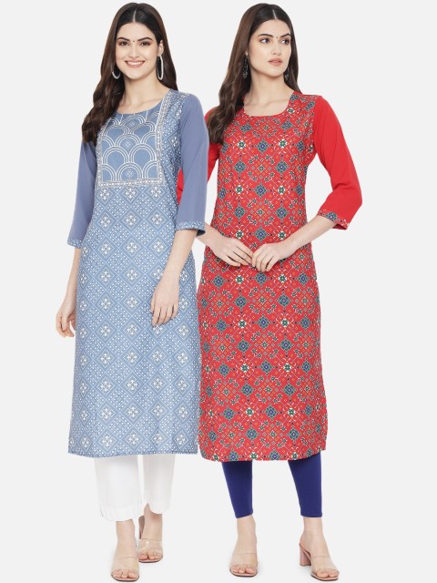 

Ethnic basket Women Pack Of 2 Multicoloured Ethnic Motifs Printed Crepe Kurta, Multi